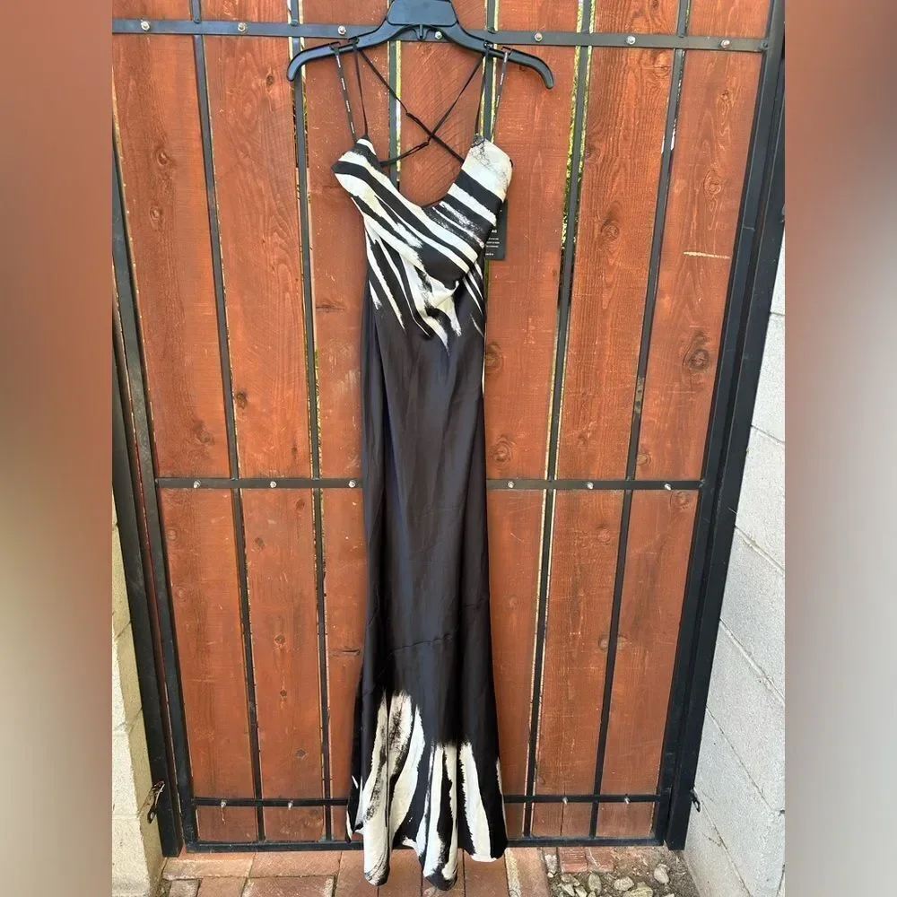 Retrofete Cami silk slip maxi gown black/white zebra Ombre NWT